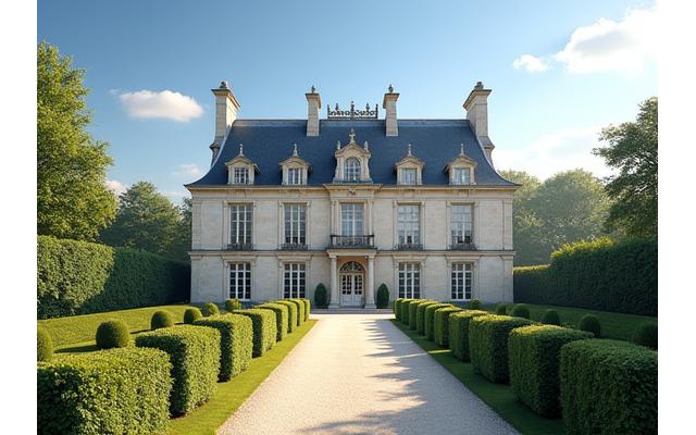 Façade d'un château majestueux entouré d'un parc verdoyant en Île-de-France