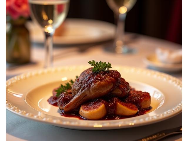 Plat gastronomique français classique sur une table de mariage élégante