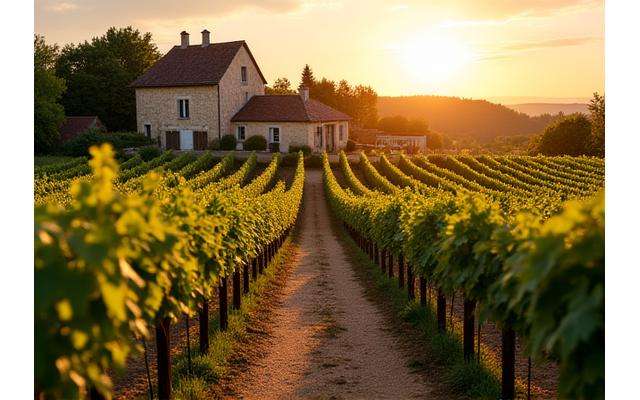 Vignoble pittoresque avec un bâtiment en pierre et des rangées de vignes au coucher du soleil