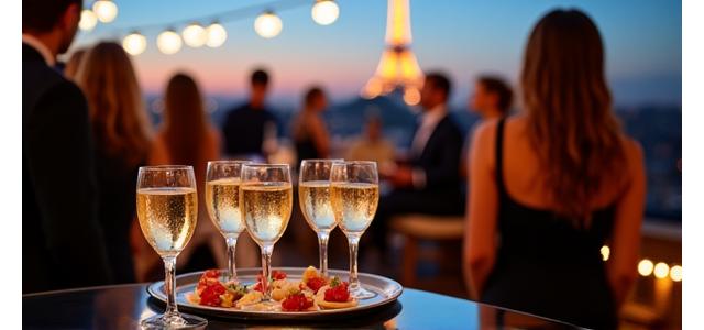 Cocktail de mariage sur un rooftop parisien avec vue sur la Tour Eiffel au coucher du soleil