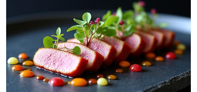 Présentation artistique d'un plat fusion asiatique-français avec des couleurs vives et des éléments décoratifs exotiques