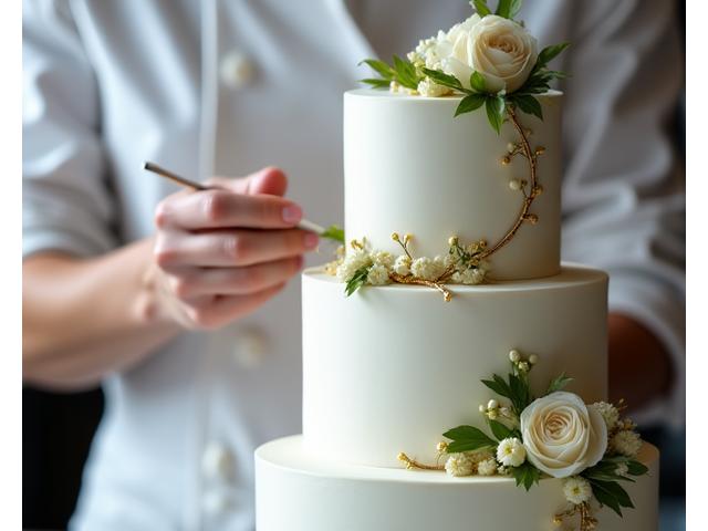 Chef pâtissier décorant une pièce montée spectaculaire pour un mariage